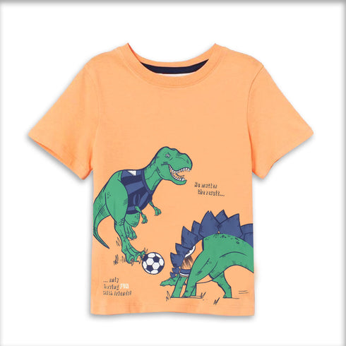 HnM Dino Print Orange Boys Premium Cotton T shirt
