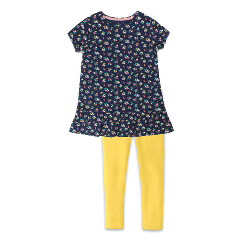 LUPILU All Over Flower Blue Girls Cotton Dress Yellow Legging_2 Piece Set