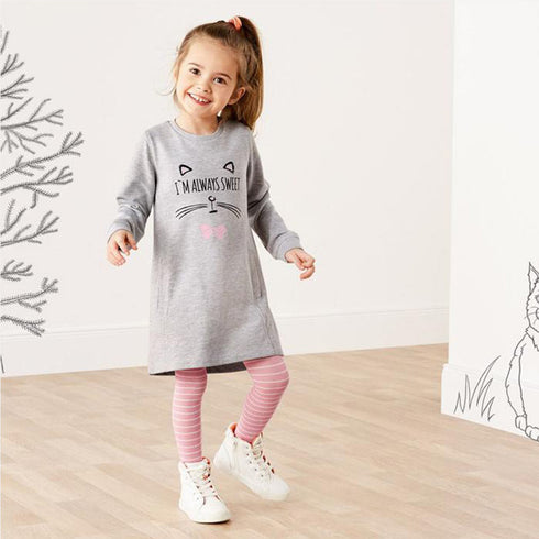 LUPILU Cat Face Grey Girls Cotton Terry Long Sweat Shirt