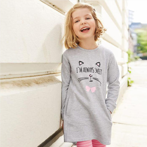 LUPILU Cat Face Grey Girls Cotton Terry Long Sweat Shirt