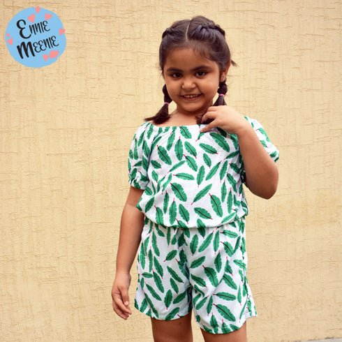 ENNIE MEENIE Leaf Print White Girls Premium Cotton Jump Suit