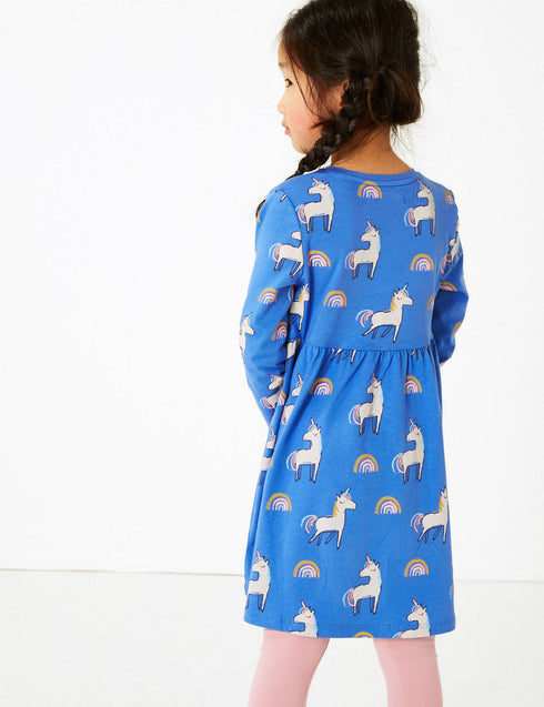 M And S All Over Unicorn Blue Girls Cotton Dress
