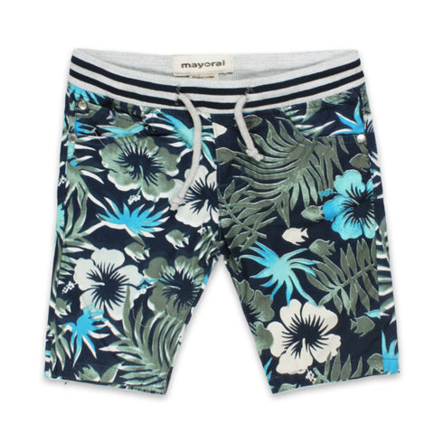 MAYORAL All Over Leaf Flower Elastic Blue Boys Cotton Shorts