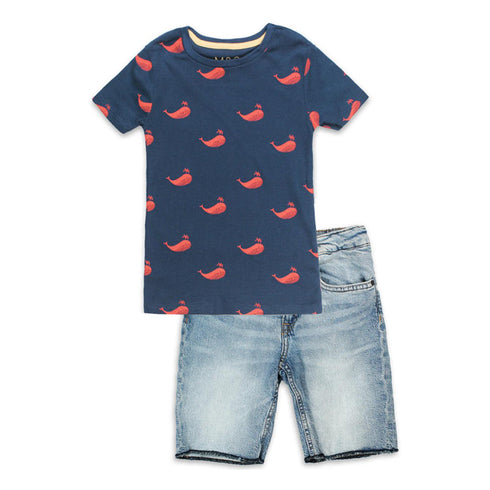 M And S All Over Fish Blue Boys Cotton T shirt 2 Piece Set