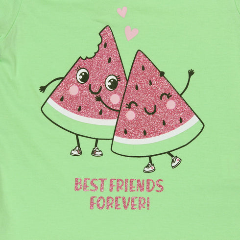ORSOLINO Watermelon Glitter Print Green Girls Cotton T shirt