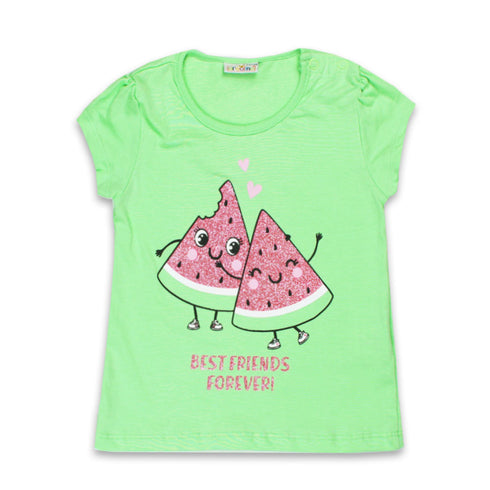 ORSOLINO Watermelon Glitter Print Green Girls Cotton T shirt