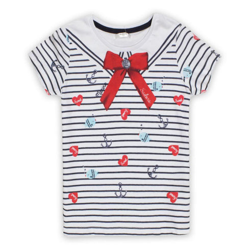 PEPCO Bow Print White Girls Premium Cotton Tshirt Blue Legging 2 Piece Set