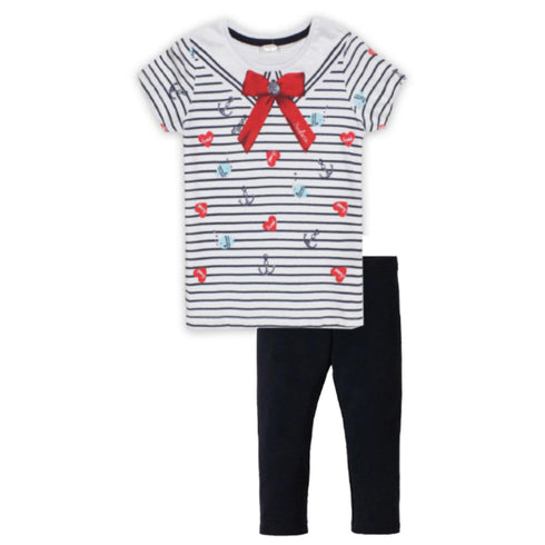 PEPCO Bow Print White Girls Premium Cotton Tshirt Blue Legging 2 Piece Set