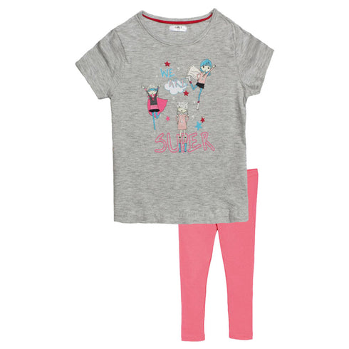 PEPCO Girls Print Grey Premium Cotton Tshirt 2 Piece Set