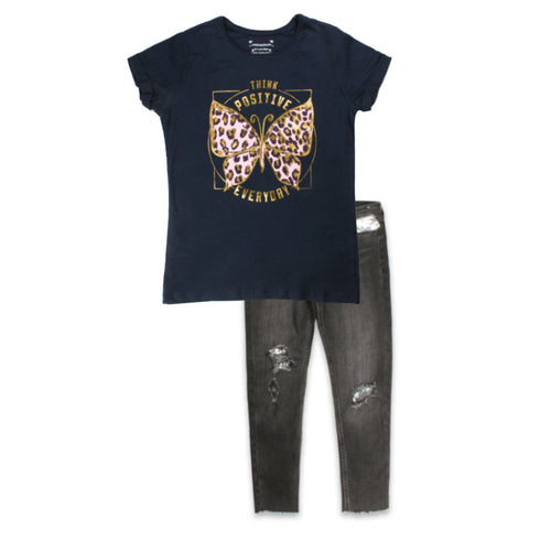 PRIMARK Butterfly Blue Girls Cotton T shirt 2 Piece Set