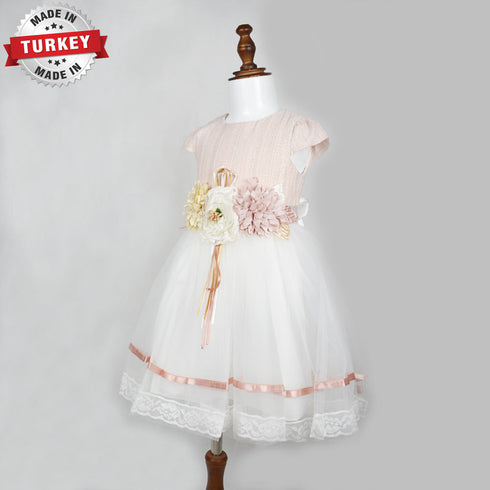 SENKIZ Flower Baby Pink And White Girls Party Frock