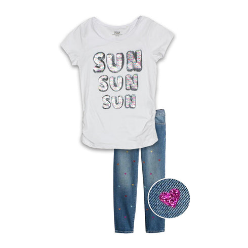 YIGGA Sun Sequins White Girls Premium Cotton Tshirt 2 Piece Set