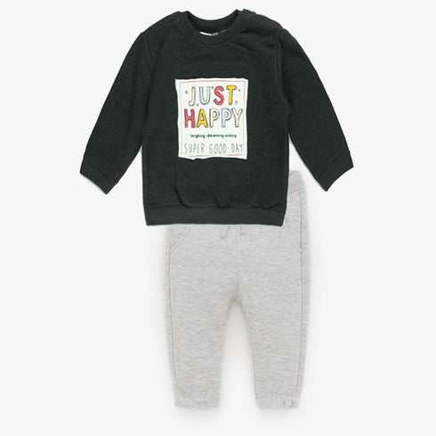 ZARA Just Happy Black And Grey Trouser Girls Cotton Fleece Sweat Shirt 2 Piece Set
