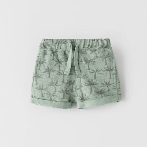 ZARA Palm Tree Light Green Boys Cotton Terry Burmuda Shorts(Cut label)