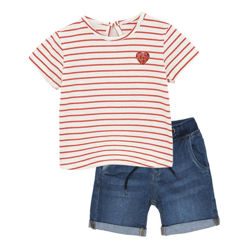 ZARA Red And White Stripes Sequins Heart Girls Premium Cotton Tshirt 2 Piece Set