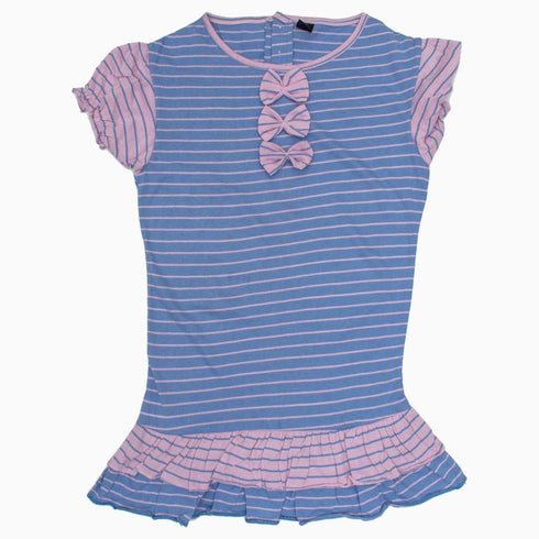 Cut label Blue with Pink Stripes Bow Girls Frill Dress