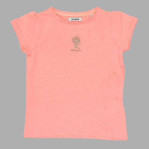 OKAIDI Premium Orangish Pink Girls Think Green Glitter Tshirt
