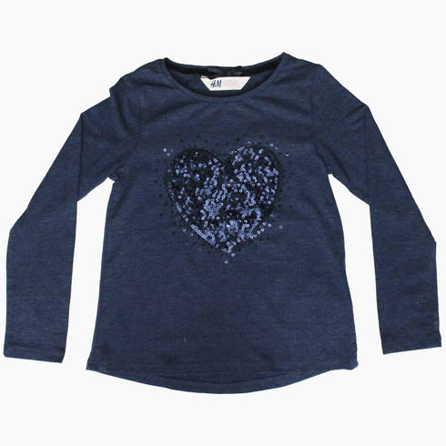 HnM Sequins Heart Premium Soft Cotton Girls Blue Tshirt