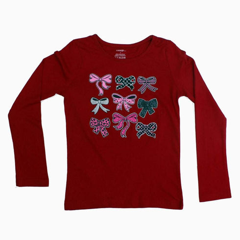 George Glitter Bow Full Sleeves Red Tshirt