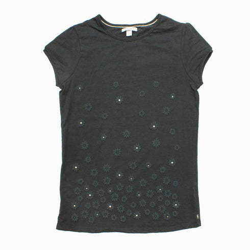 Okaidi Girls Grey Rubber Printed Flowers Glass Rhinestone Premium Cotton Tshirt