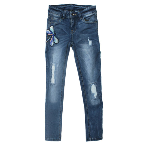 PAGE ONE YOUNG Butterfly Embroidery Heavy Ripped Blue Girls Denim Jeans