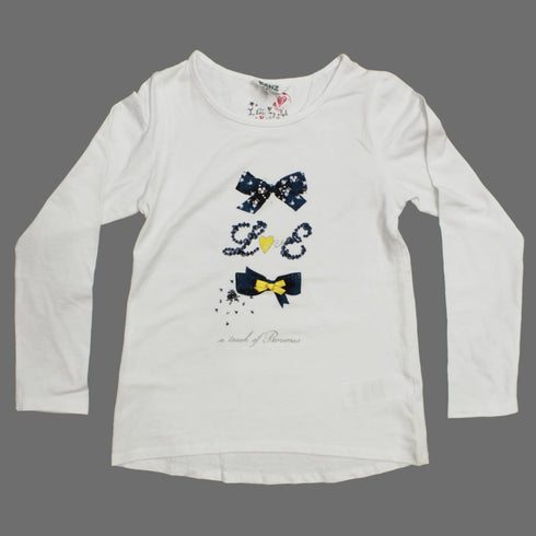 KANZ Girls White Love Bow Applique Premium Cotton Tshirt
