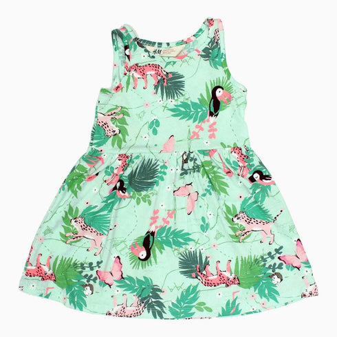 HnM Jungle Watercolour Print Light green Premium Cotton Girls Dress