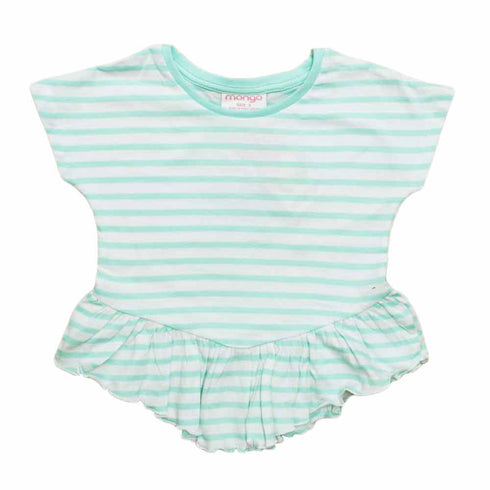 MANGO Green and White Stripes Fashion Frill Tshirt
