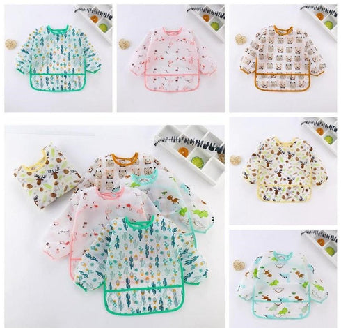 Baby Kids Leaf Animals Brown Toddler Long Sleeve Waterproof Eating Smock Feeding Bib