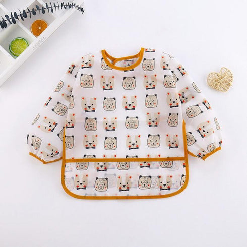 Baby Kids Bear Face Yellow Toddler Long Sleeve Waterproof Eating Smock Feeding Bib