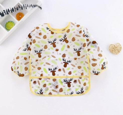 Baby Kids Leaf Animals Brown Toddler Long Sleeve Waterproof Eating Smock Feeding Bib